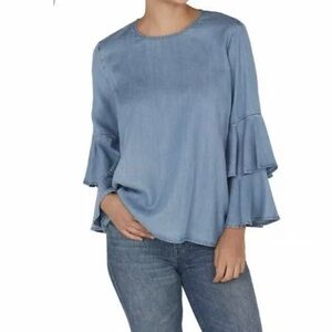 Beachlunchlounge Denim Chambray Ruffle Sleeve Top